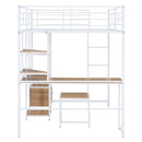 Full Size Loft Bed With Desk And Stool, With Open Style Wardrobe, Shelves And Cabinet - White