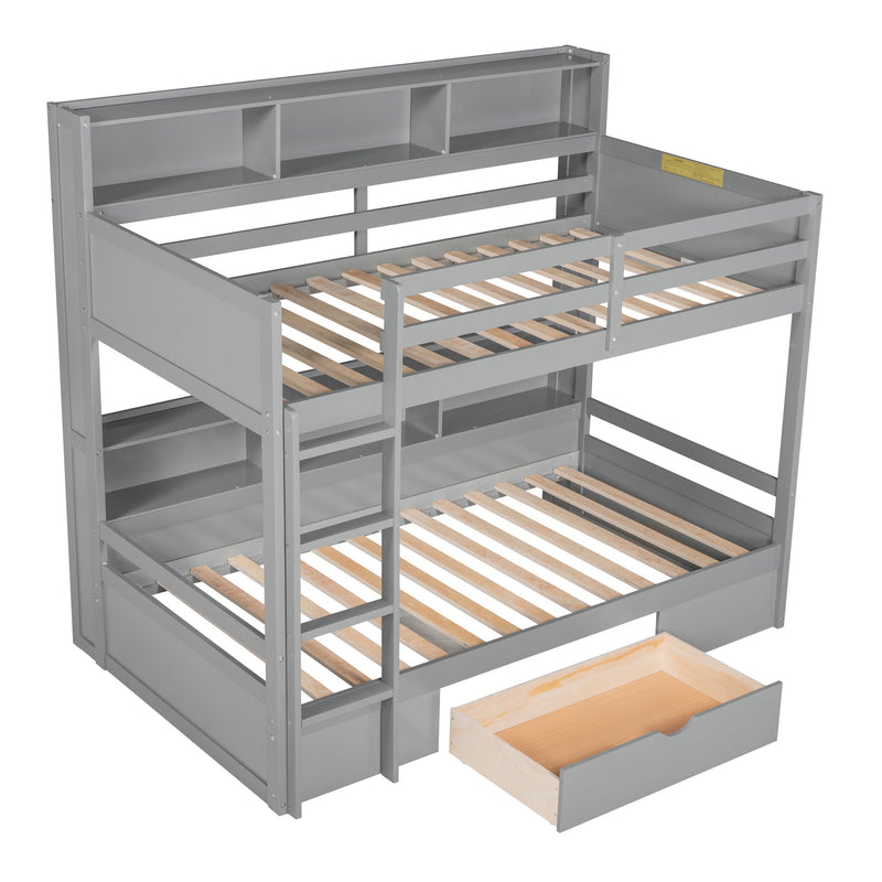 Twin Size Bunk Bed With Built-In Shelves Beside Both Upper And Down Bed And Storage Drawer