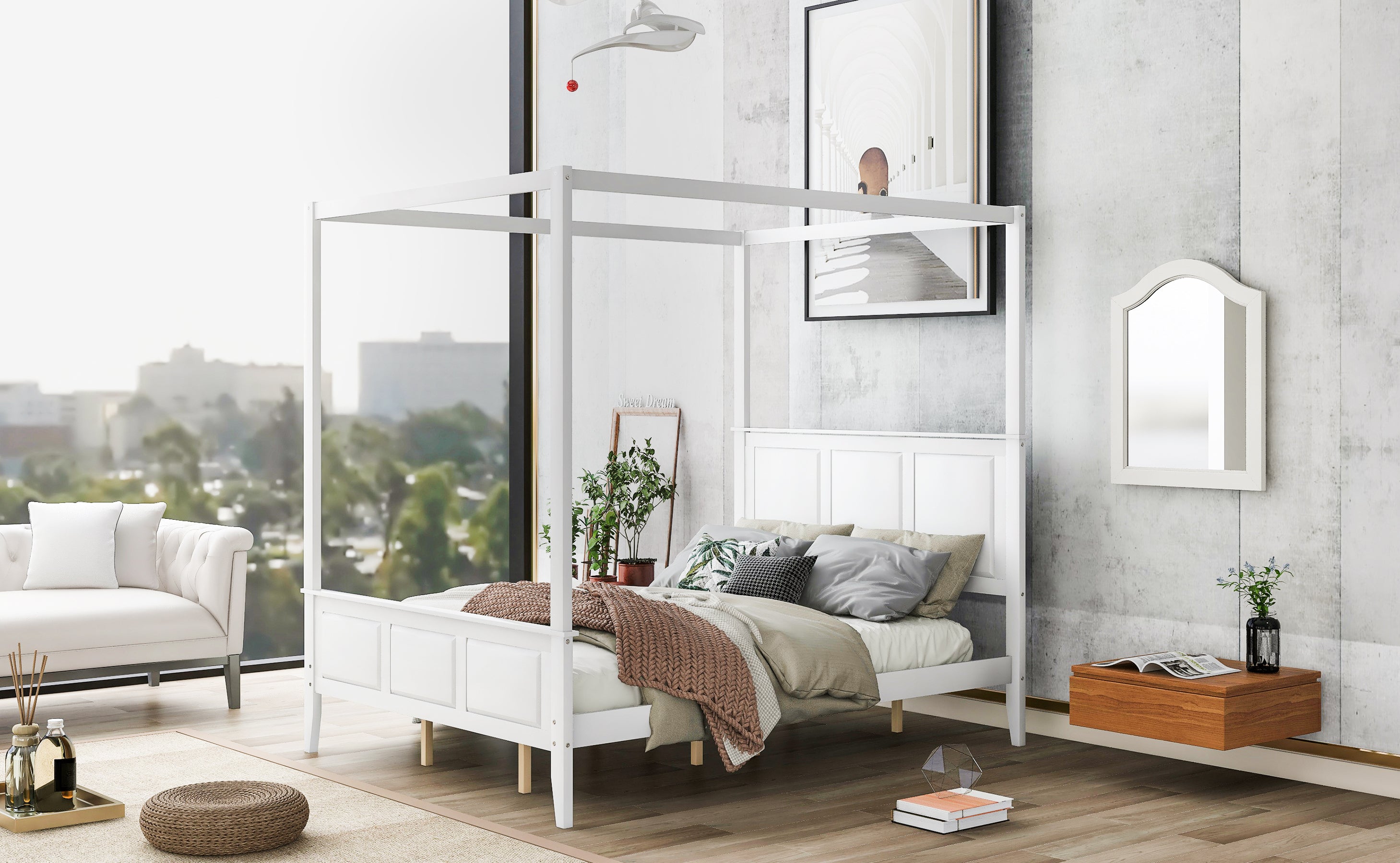 Queen Size Canopy Platform Bed with Headboard and Footboard,Slat Support Leg,White - Atlantic Fine Furniture Melbourne FL