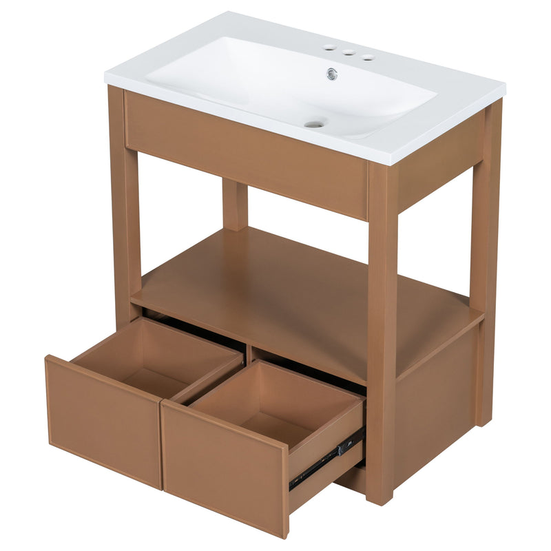 Bathroom Vanity With Sink Top, Bathroom Cabinet With Open Storage Shelf And Two Drawers - Brown