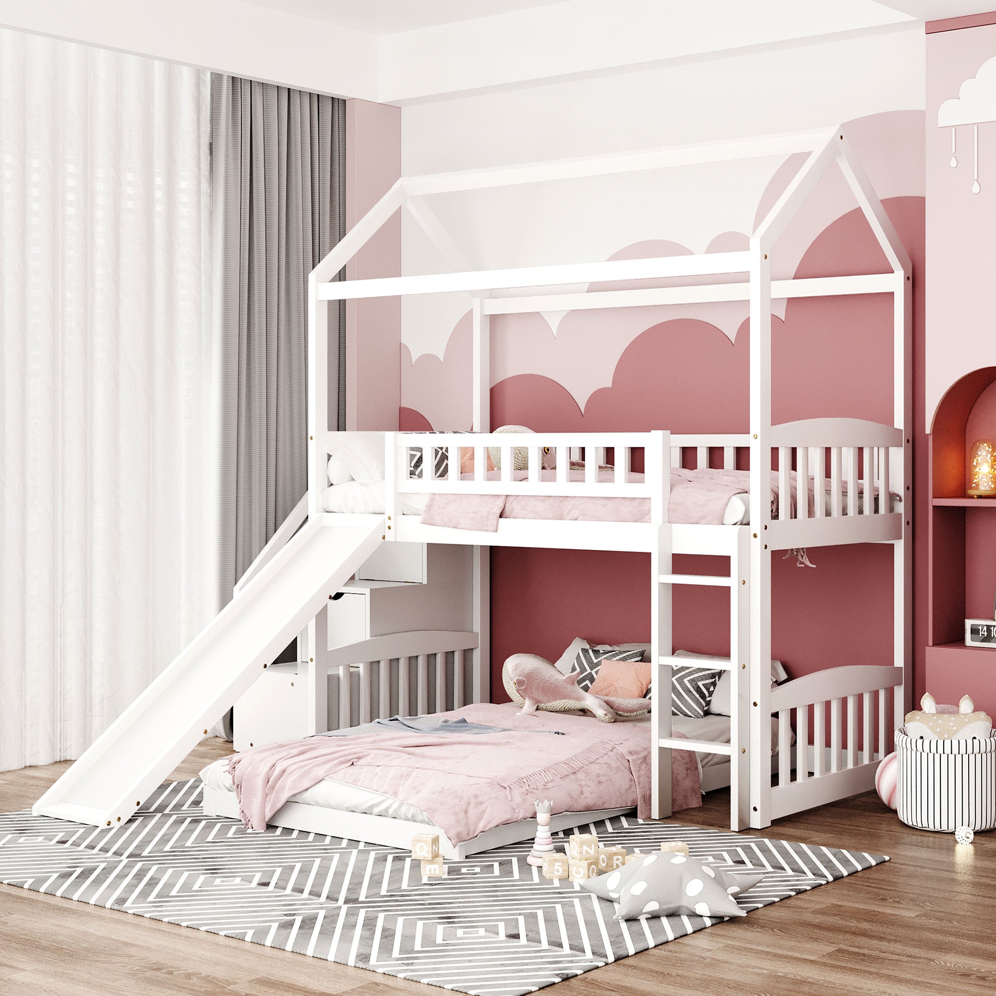 Twin Over Twin Bunk Bed with Two Drawers and Slide, House Bed with Slide, White(OLD SKU :LP000129AAK) - Atlantic Fine Furniture Melbourne FL