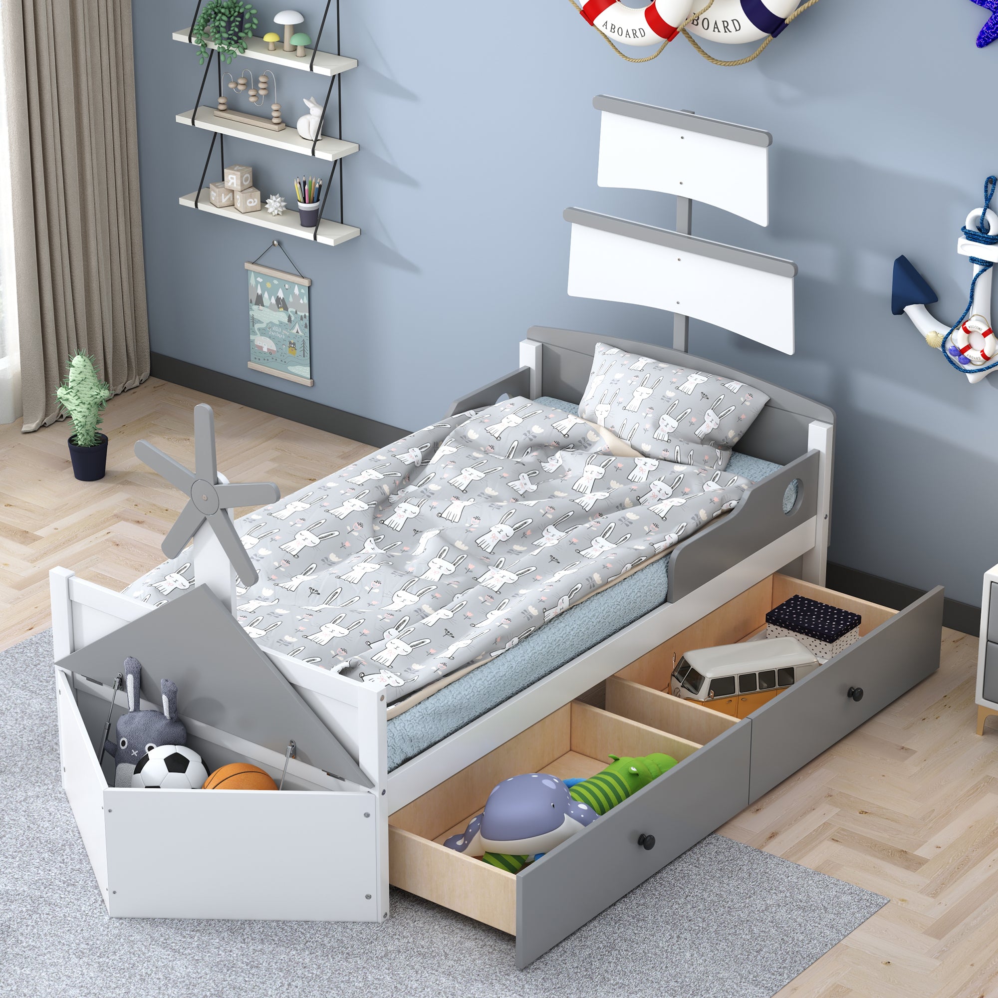 Twin Size Boat-Shaped Platform Bed with 2 Drawers,Twin Bed with Storage for Bedroom,Gray - Atlantic Fine Furniture Melbourne FL