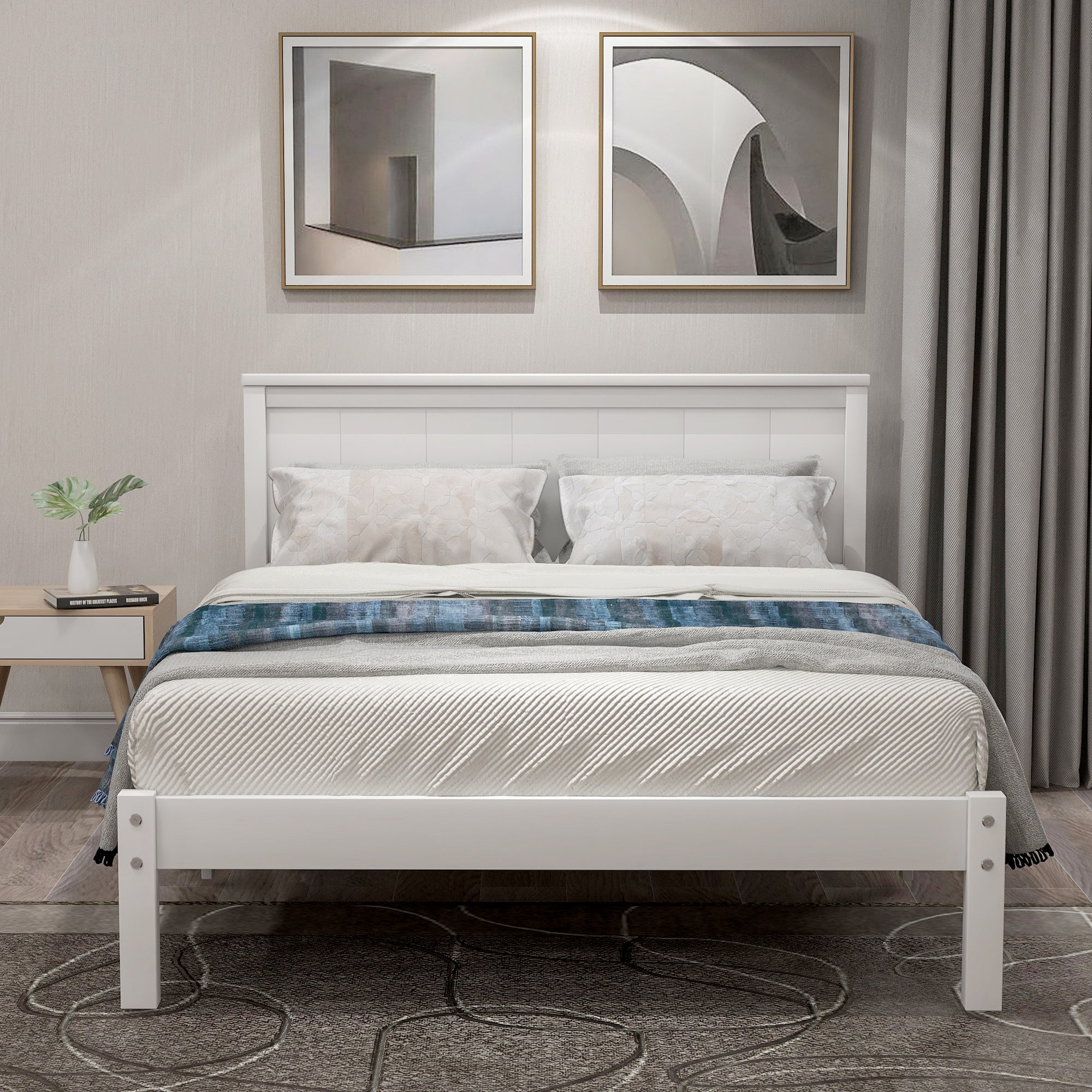 Platform Bed Frame with Headboard, Wood Slat Support, No Box Spring Needed,Twin, White(OLD SKU:WF191418AAK)