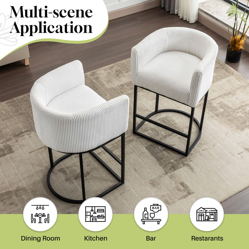 Modern Bar Stools (Set of 2), Counter Height Stools With Barrel Back And Arms, Upholstered Seat Cushion Linen Modern Kitchen Island Chair With Metal Frame For Kitchen Island - White