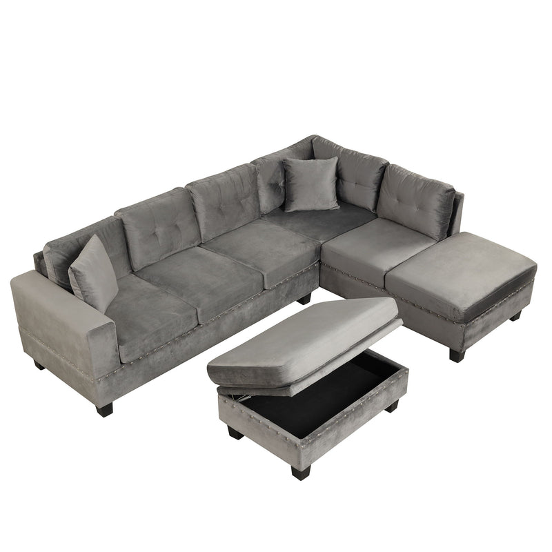 Modern Sectional Sofa With Storage Ottoman, L-Shape Couch With 2 Pillows And Cup Holder, Sectional Sofa With Reversible Chaise For Living Room