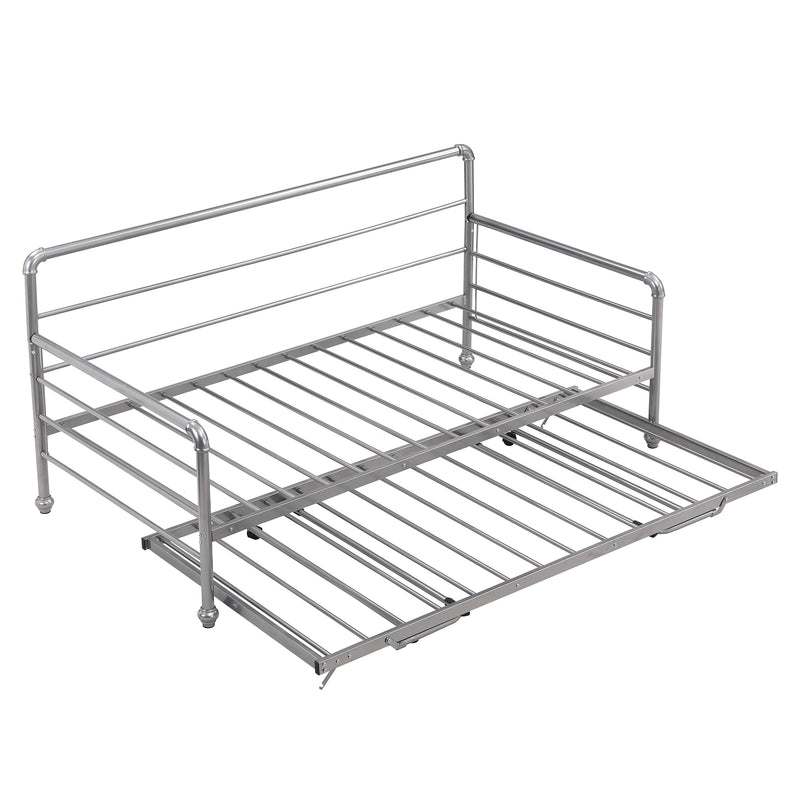 Twin Size Daybed with Adjustable Trundle, Pop Up Trundle, Silver