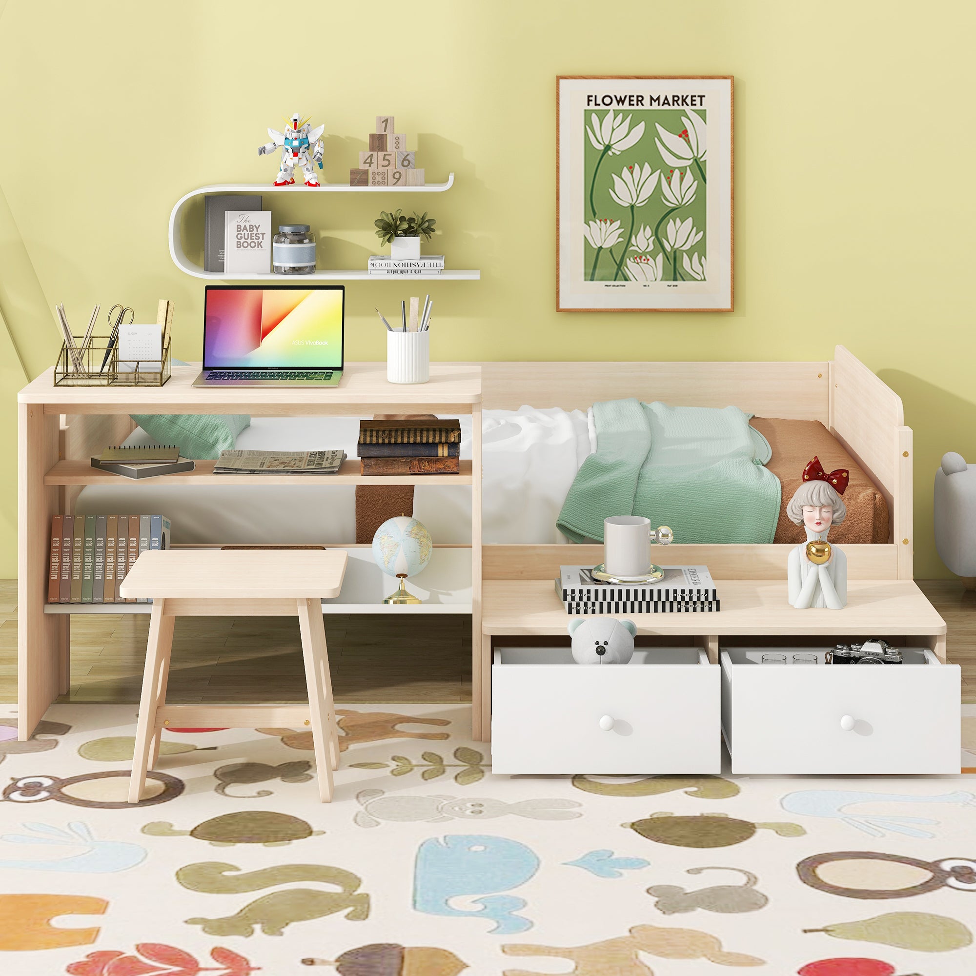 Wood Twin Size Platform Bed with 2 Drawers and 1 Chair&Desk Set, Natural+White - Atlantic Fine Furniture Melbourne FL