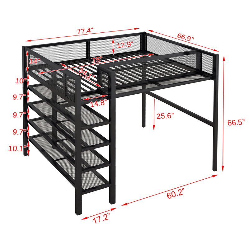 Full Size Metal Loft Bed with 4-Tier Shelves and Storage, Black