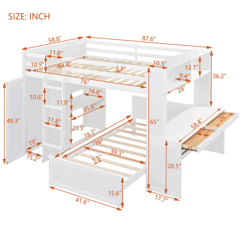 Loft Bed With A Twin Size Standalone Bed, Shelves, Desk, And Wardrobe