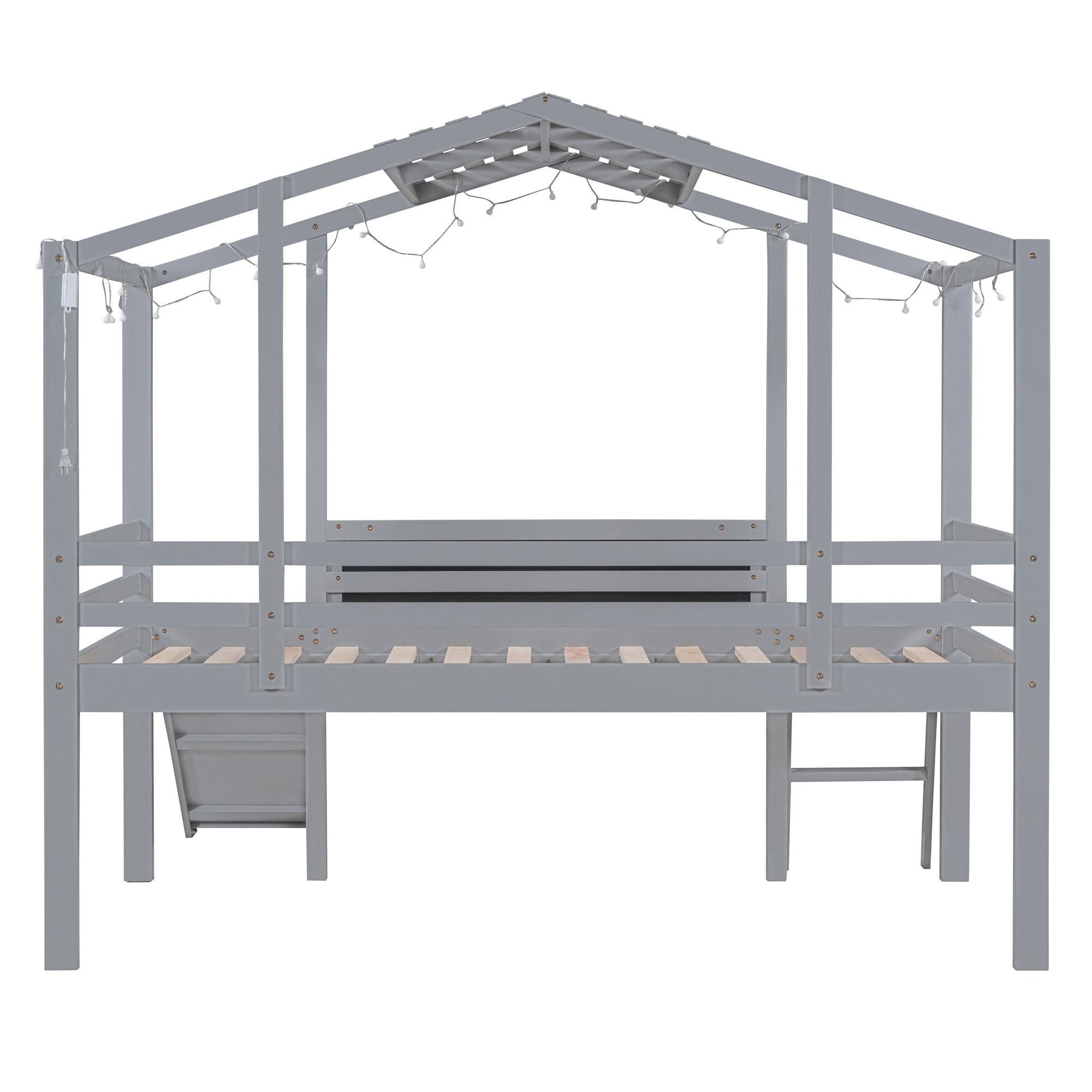 Twin Size Loft Bed with Ladder and Slide, House Bed with Blackboard and Light Strip on the Roof, Gray - Atlantic Fine Furniture Melbourne FL