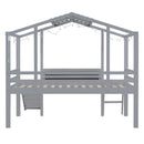 Twin Size Loft Bed with Ladder and Slide, House Bed with Blackboard and Light Strip on the Roof, Gray