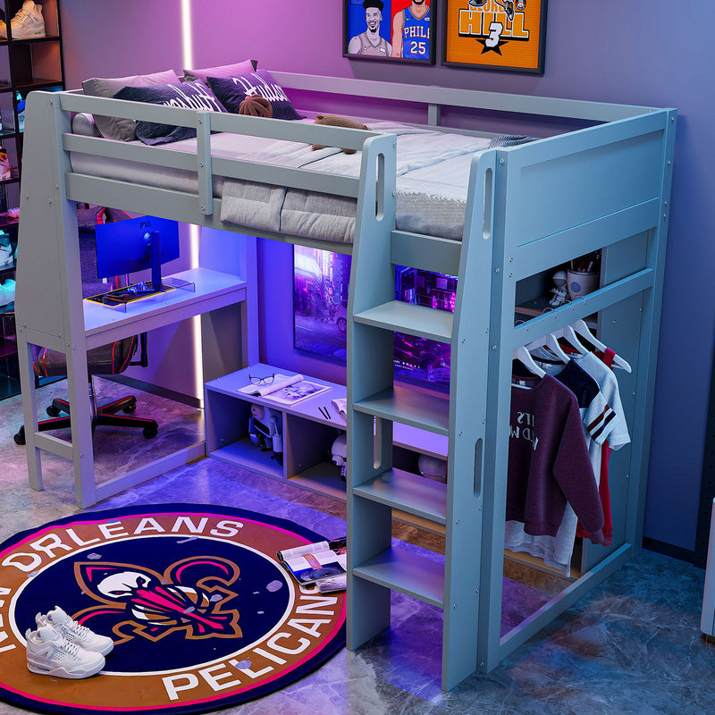 Gaming Loft Bed With Desk, Multi Storage Shelves, LED Lighting, And Hanging Clothes Rack