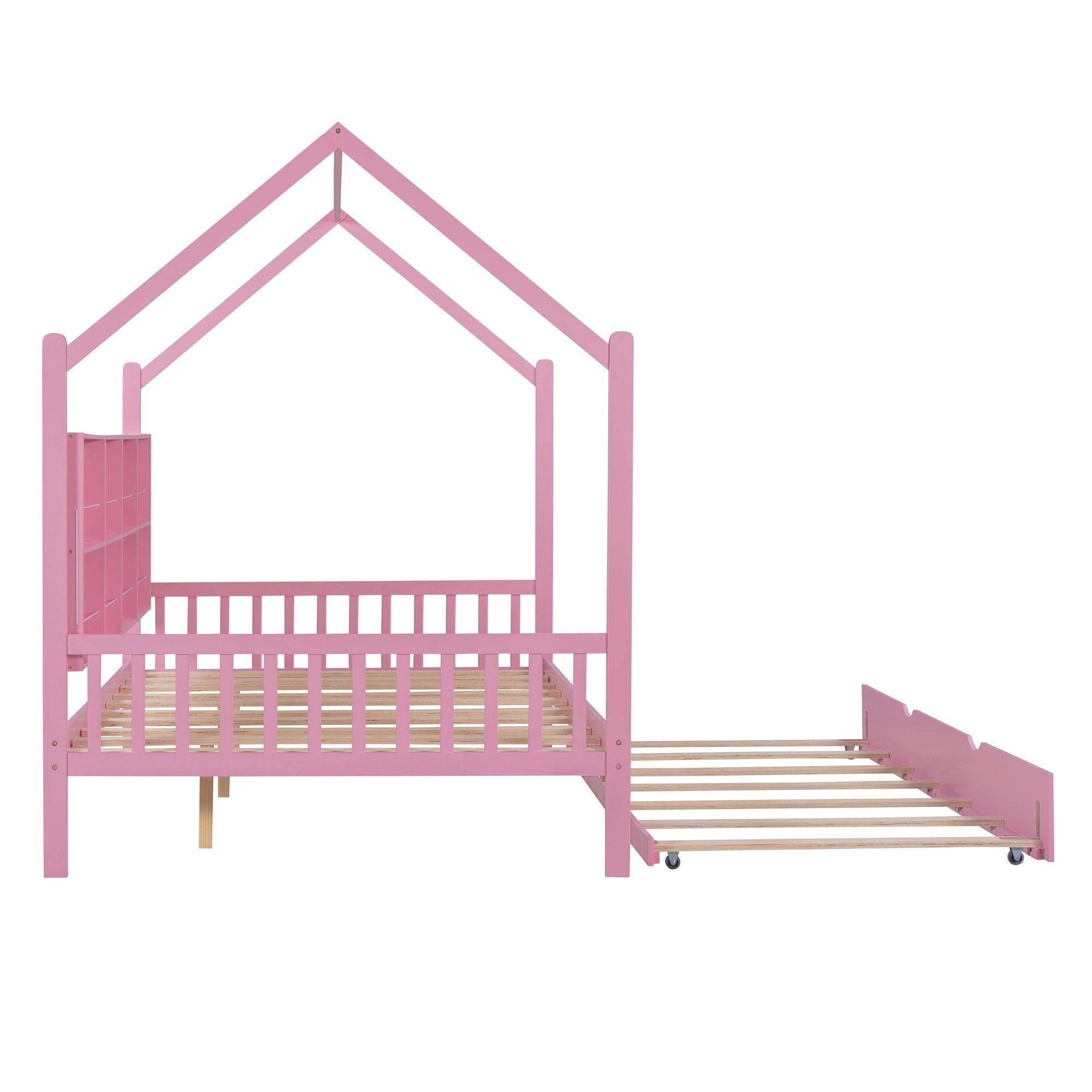 Wooden Full Size House Bed with Trundle,Kids Bed with Shelf,Pink - Atlantic Fine Furniture Melbourne FL