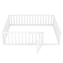 Queen  Size Wood Floor Bed Frame with Fence and Door, White(OLD SKU:WF289663AAK)