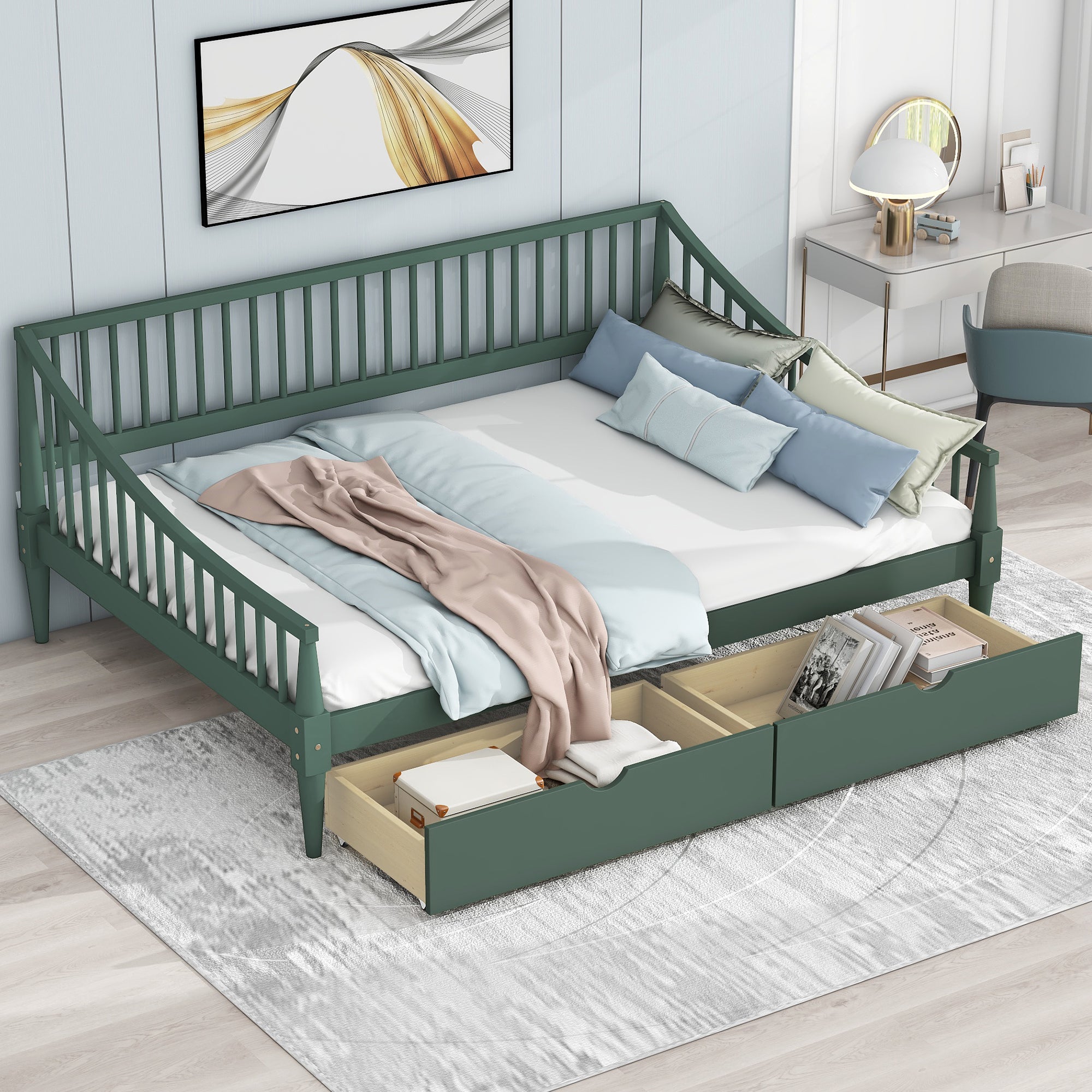 Full Size Daybed with Two Storage Drawers and Support Legs, Green - Atlantic Fine Furniture Melbourne FL