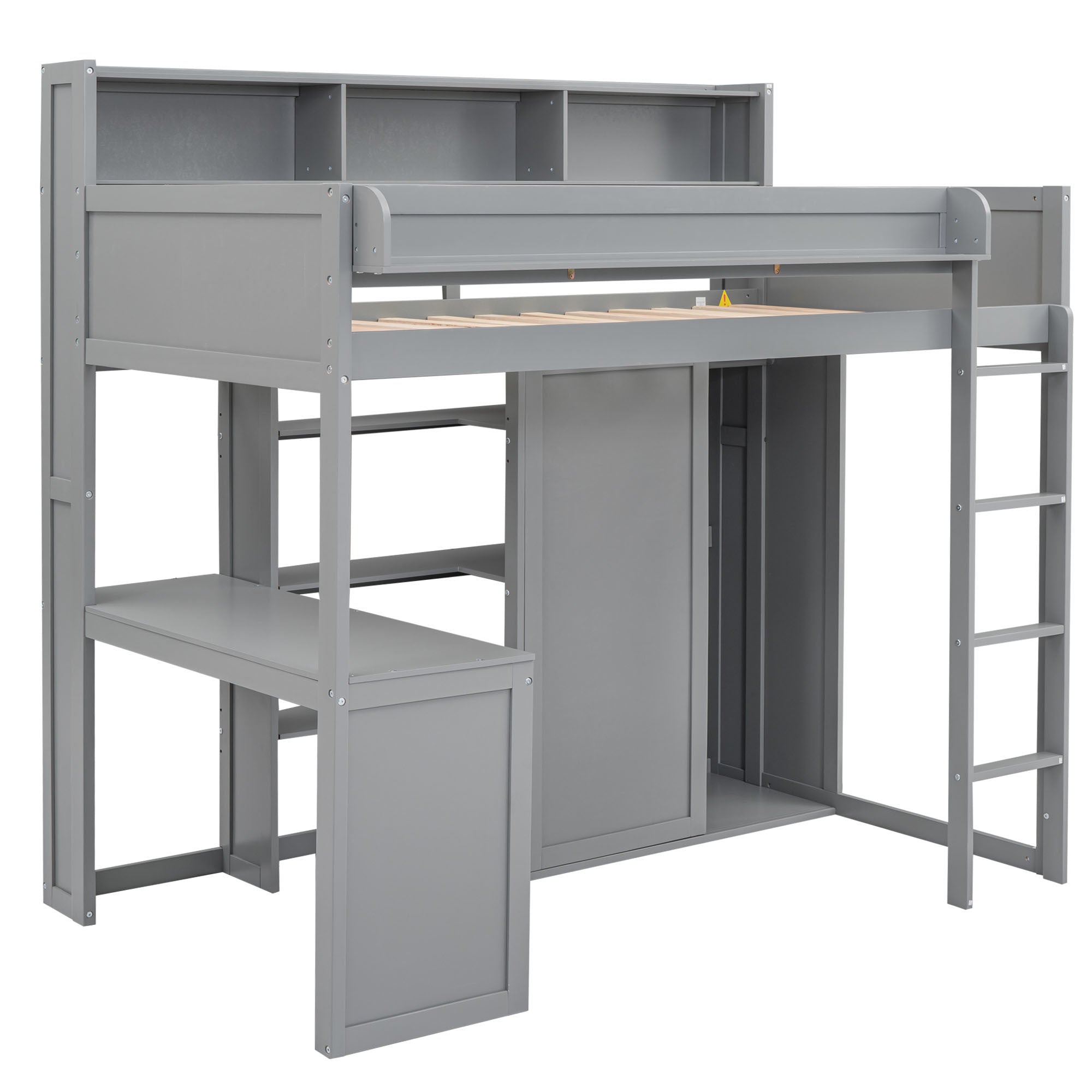 Wood Twin Size Loft bed with Multiple Storage Shelves and Wardrobe, Gray - Atlantic Fine Furniture Melbourne FL