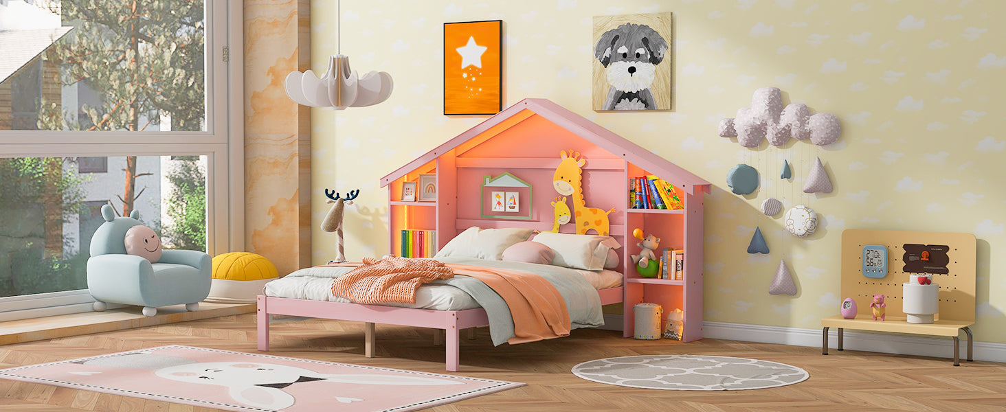 Wood Full Size Platform Bed with House-shaped Storage Headboard and Built-in LED, Pink - Atlantic Fine Furniture Melbourne FL