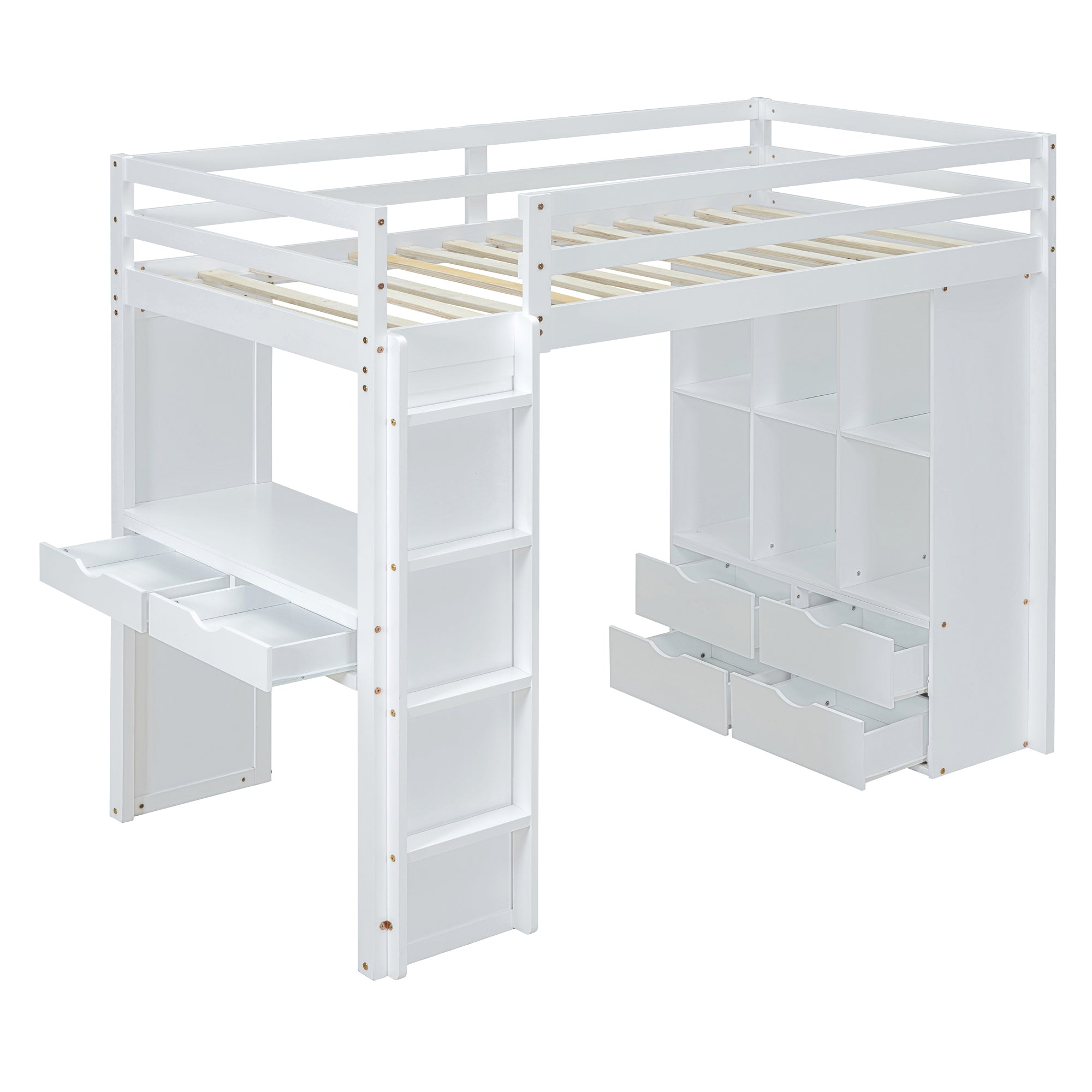 Full Size Loft Bed with large shelves, writing desk and LED Light, White - Atlantic Fine Furniture Melbourne FL
