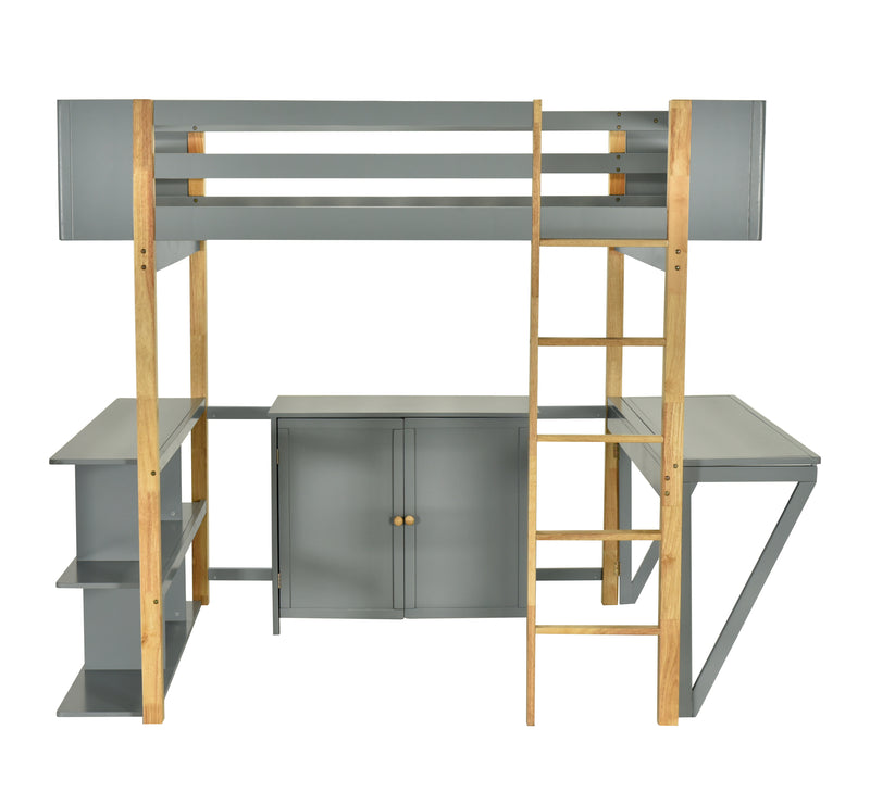 Twin Size Wood Loft Bed With Built-in Storage Cabinet and Cubes, Foldable desk, Gray