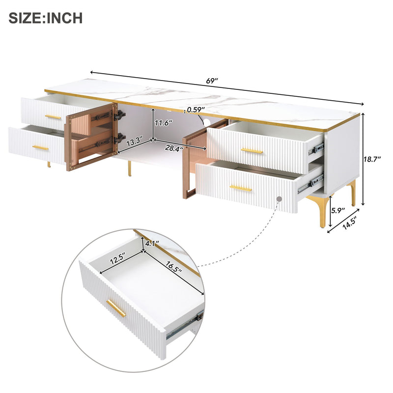 On Trend Stylish LED TV Stand With Marble - Veined Table Top For TVs Up To 78 Inches, Entertainment Center With Brown Glass Storage Cabinet, Golden Legs & Handles For Living Room, White