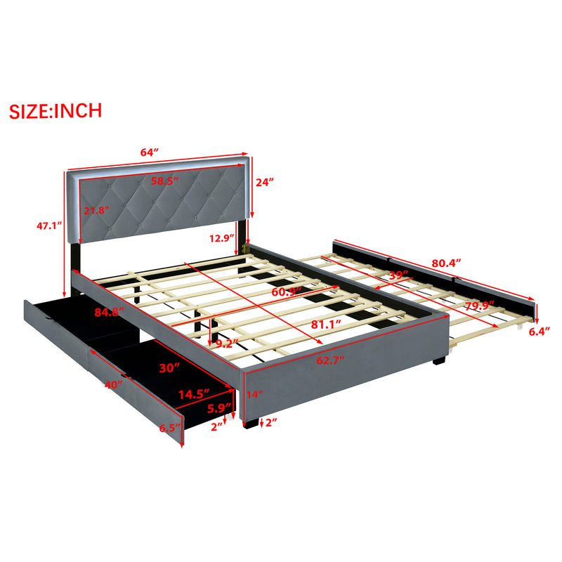 Queen Size  Velvet Storage Platform Bed, with 2 Big Drawers, Twin XL Size Trundle and LED Light, Gray