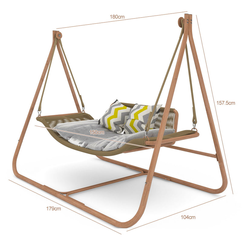 Hammock Swing Chair With Stand For Indoor, Outdoor, Anti-Rust Wood-Colored Frame With Cushion Oversized Double Hammock Chair For Patio Balcony Bedroom Ban On Amazon - Gold / Brown