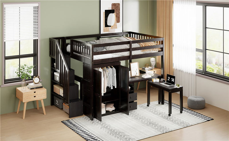 Loft Bed With Stairs, Bookshelf, Drawers, Desk & Wardrobe, Space Saving Multifunctional Furniture