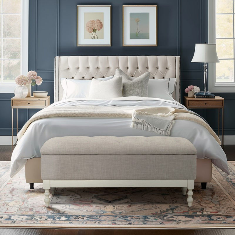 Tufted Storage Bench With Soft Close Lid - Light Gray / Cream