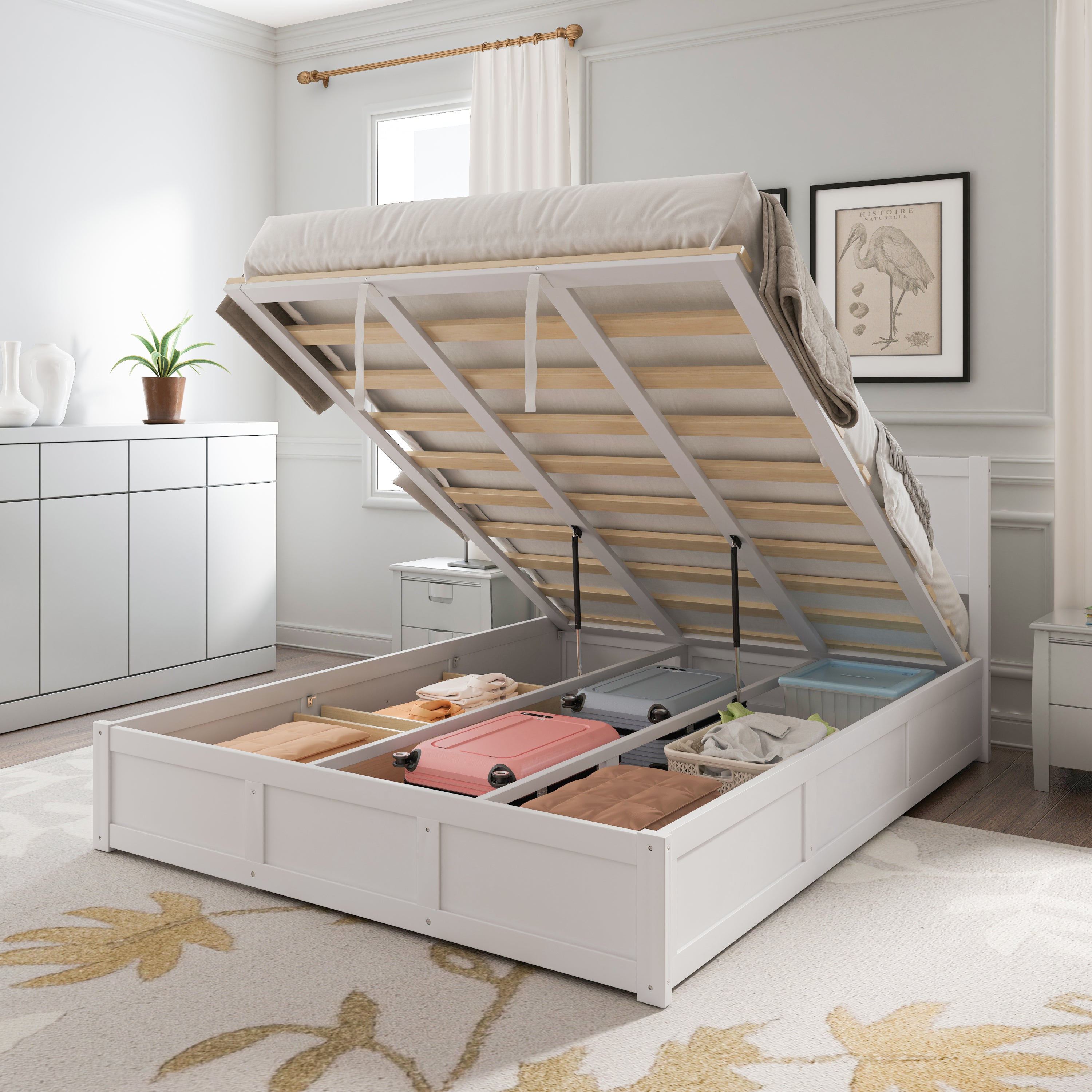 Luxury Queen Size Wood Platform Bed with Hydraulic Storage System and 2 Drawers,Streamlined Headboard & Footboard, White