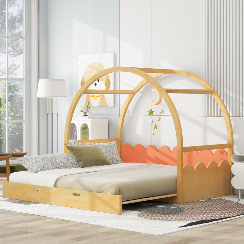 Twin size stretchable vaulted roof bed, children's bed pine wood frame, natural and orange