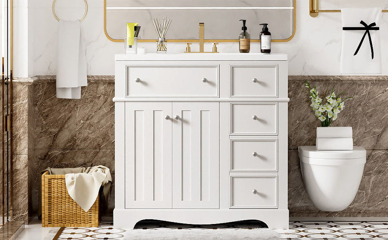 Bathroom Vanity With Resin Sink Combo, Frame Bathroom Storage Cabinet, Freestanding Vanity Set With 3 Drawers & Adjustable Shelf - White
