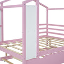 Full Size Wood House Bed with Fence and Writing Board, Pink
