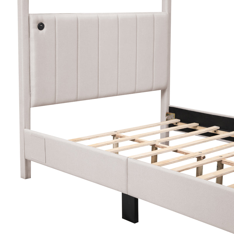 Full Size Canopy Platform Bed with USB and Type-C Ports, Canvas, Beige