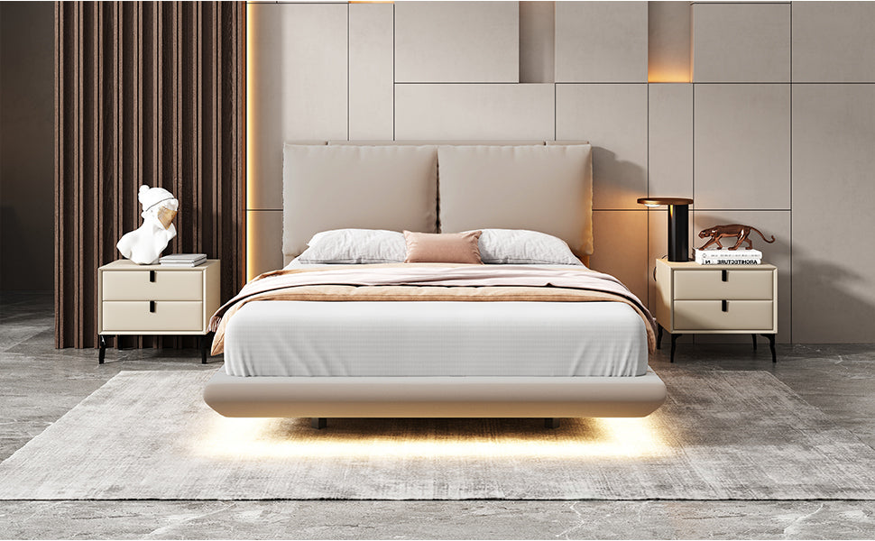 Full Size Upholstered Platform Bed with Sensor Light and 2 Large Backrests, Stylish Platform Bed with 2 sets of USB Port and Socket on each rear Bed Leg, Beige - Atlantic Fine Furniture Melbourne FL