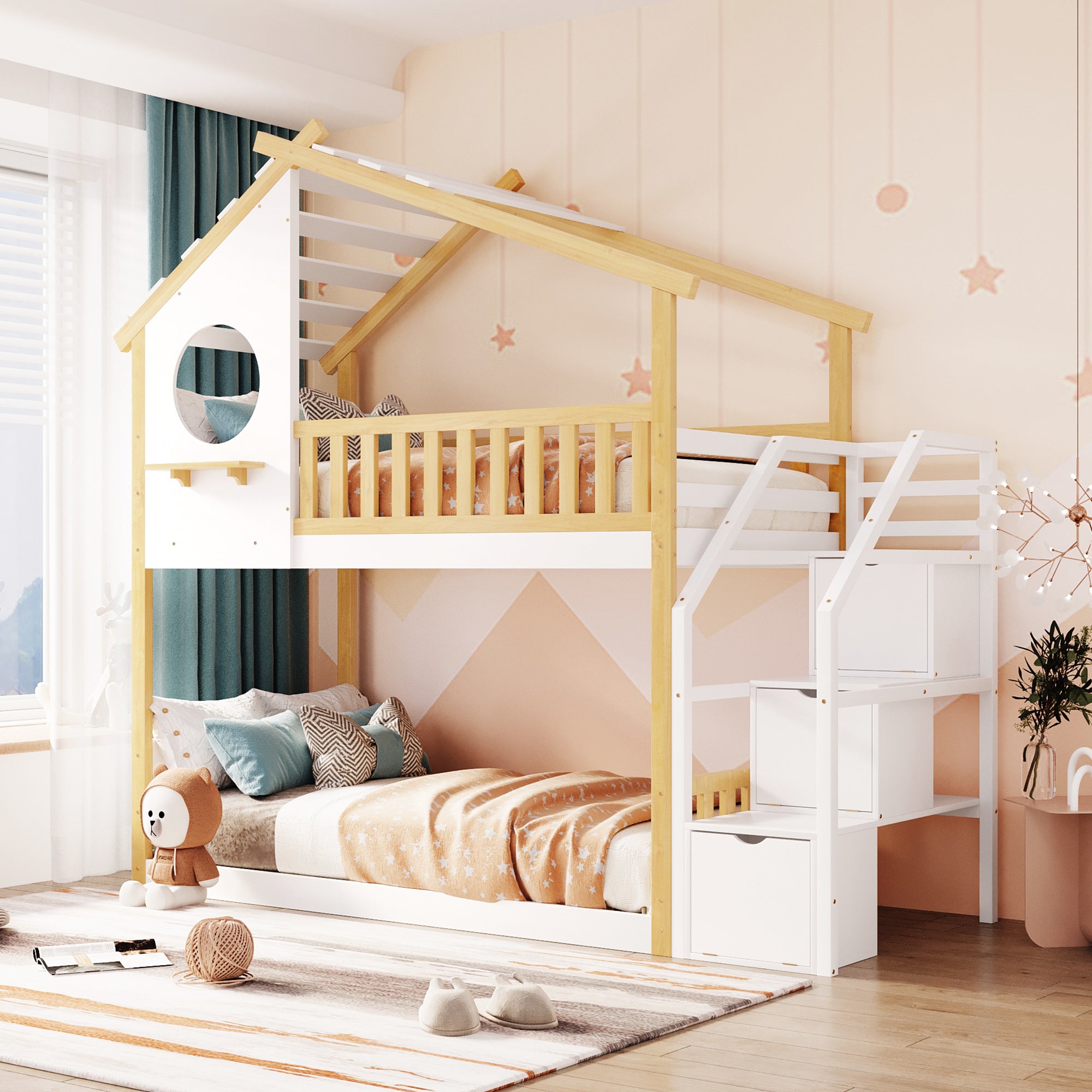Stairway Twin-Over-Twin Bunk Bed,House Bed,Storage and Guard Rail,Natural Bed +White Stair(OLD SKU :LT000308AAK) - Atlantic Fine Furniture Melbourne FL