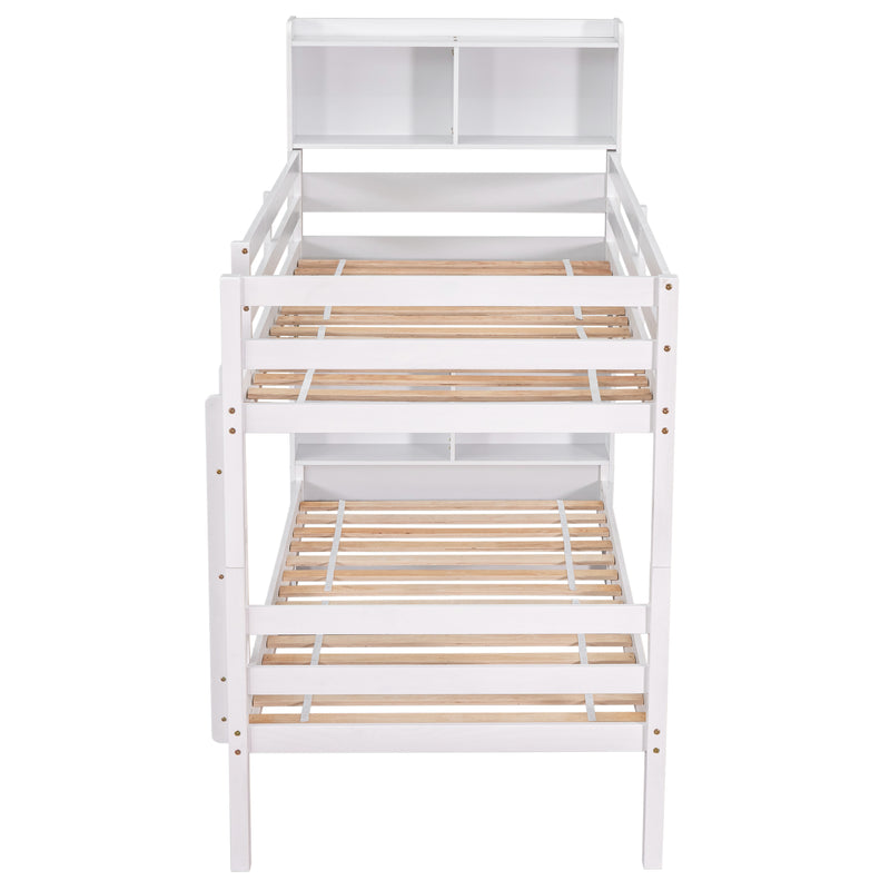 Twin Over Twin Bunk Beds with Bookcase Headboard, Solid Wood Bed Frame with Safety Rail and Ladder, Kids/Teens Bedroom, Guest Room Furniture, Can Be converted into 2 Beds, White