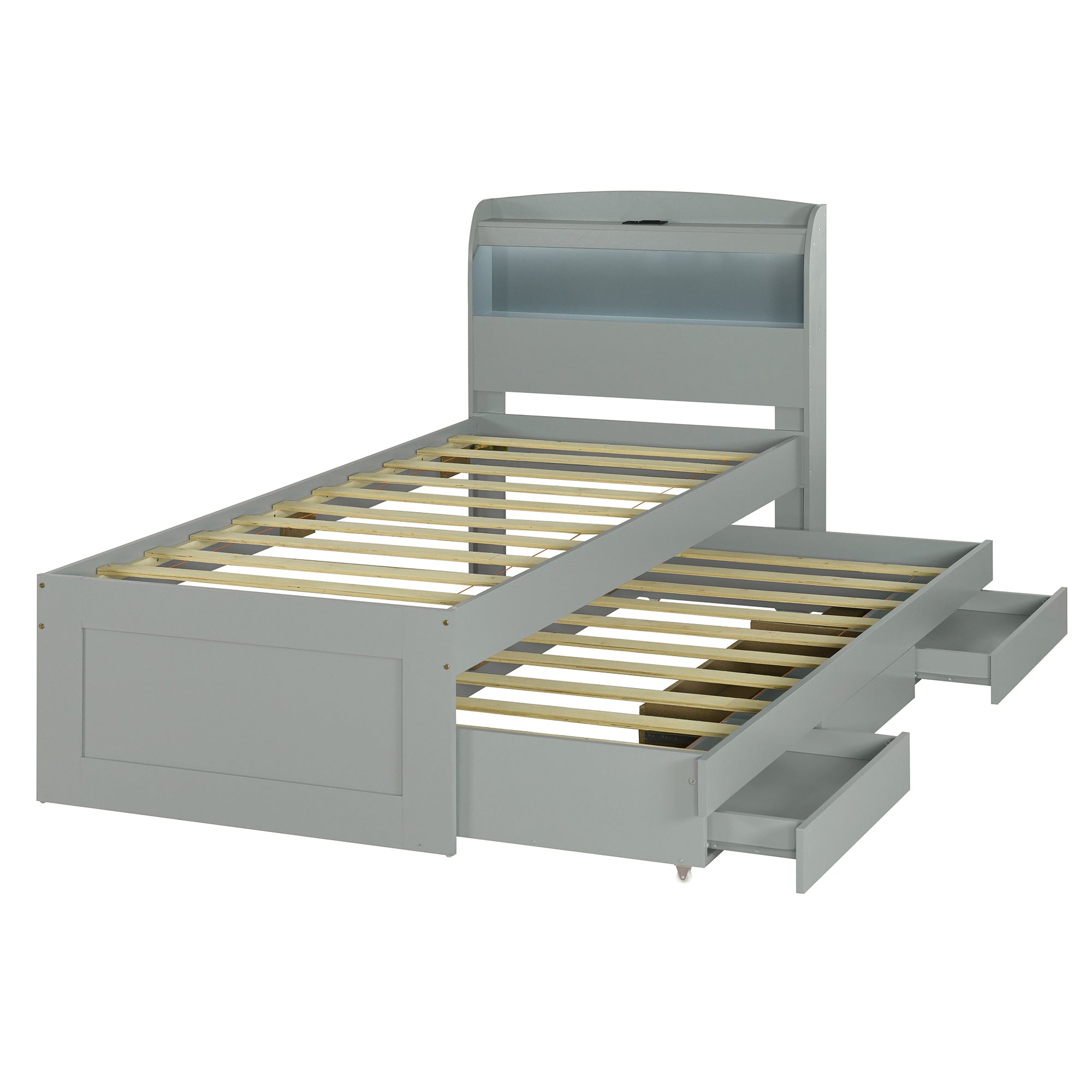 Twin XL Size Platform Bed with Storage LED Headboard, Charging Station, Twin Size Trundle and 2 Drawers, Gray - Atlantic Fine Furniture Melbourne FL