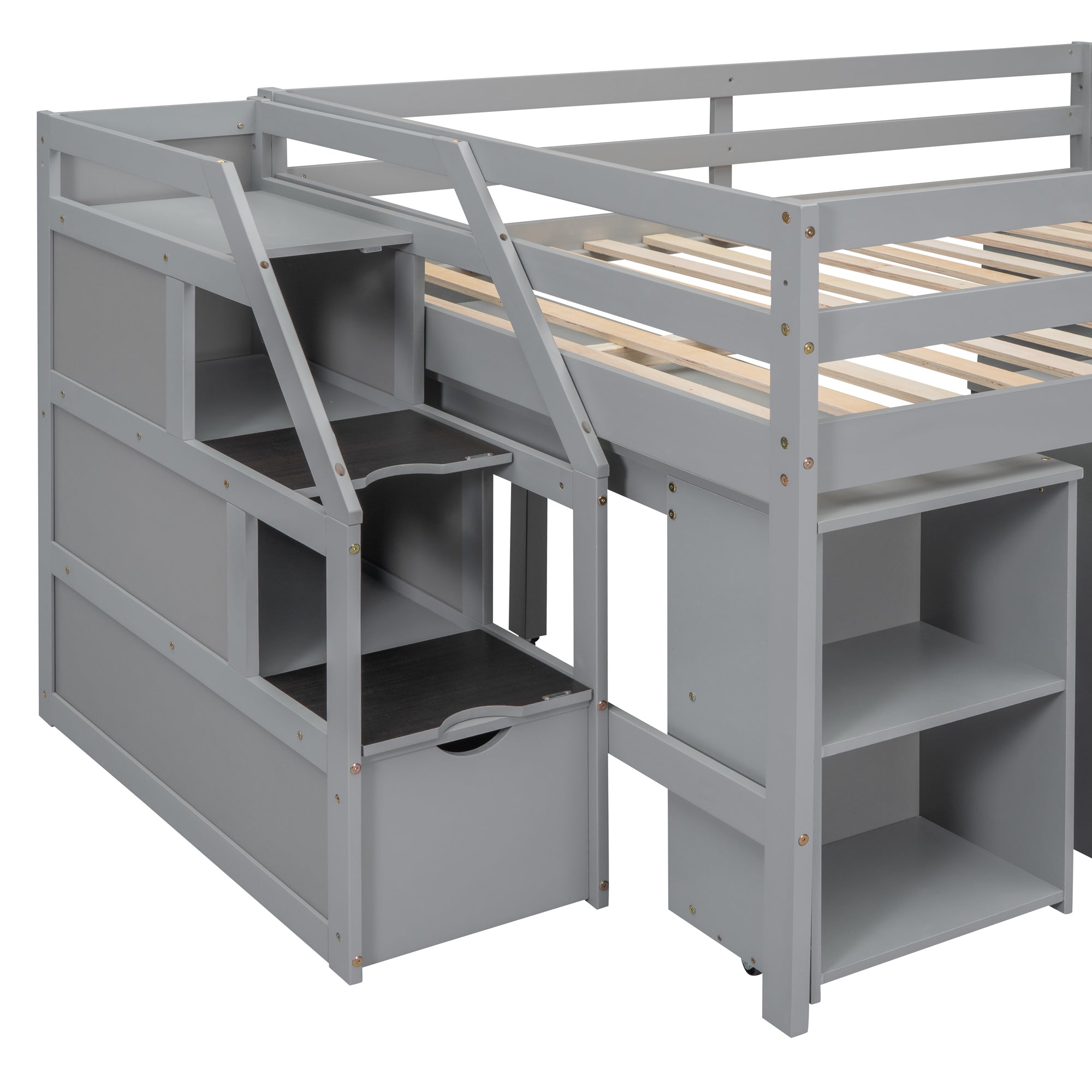 Full Size Loft Bed with Retractable Writing Desk and 3 Drawers, Wooden Loft Bed with Storage Stairs and Shelves, Gray - Atlantic Fine Furniture Melbourne FL