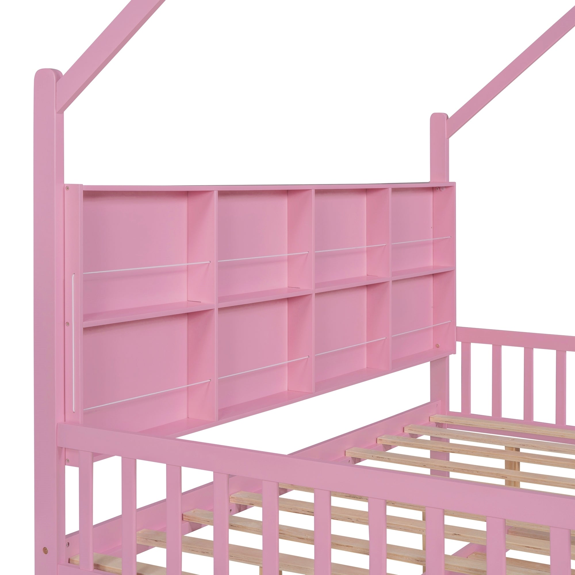 Wooden Full Size House Bed with Trundle,Kids Bed with Shelf,Pink - Atlantic Fine Furniture Melbourne FL