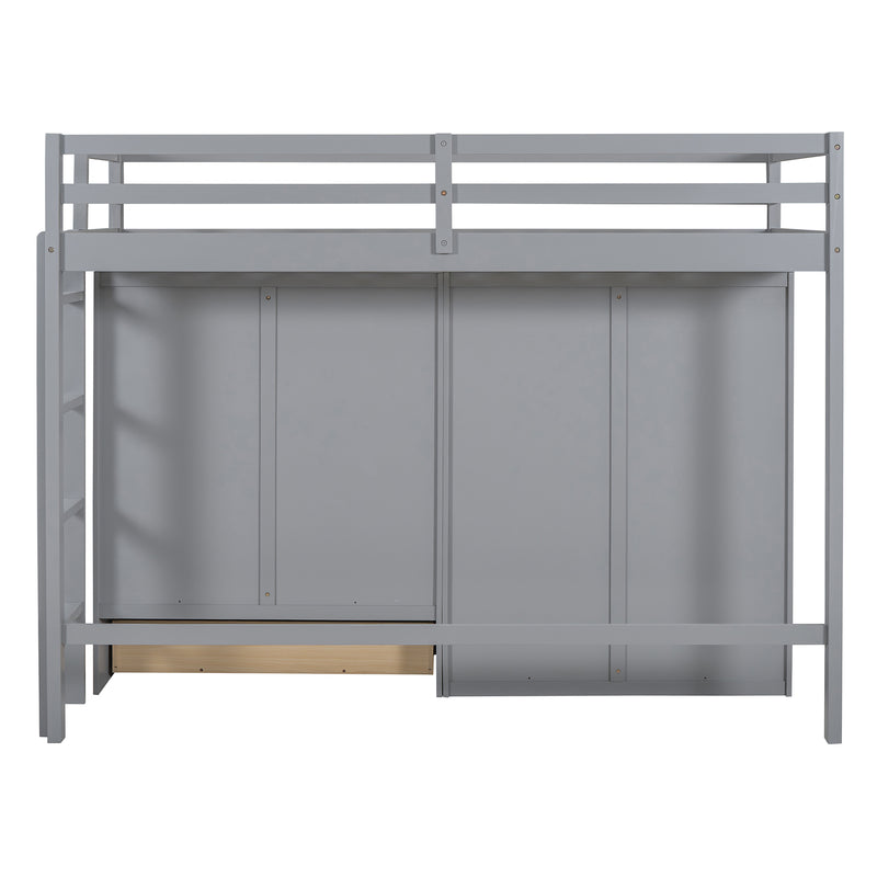 Twin size Loft Bed with Drawer, Two Wardrobes and Mirror, Gray