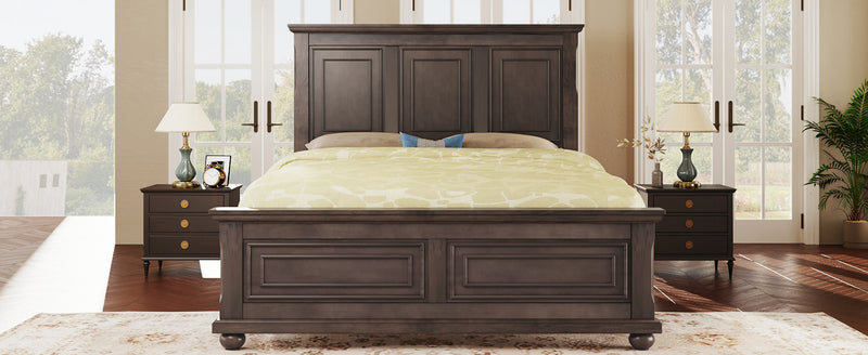 Traditional Town and Country Style Pinewood Vintage Queen Bed, Rich Brown