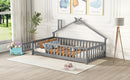 Twin House-Shaped Bedside Floor Bed with Guardrails, Slats, with Door,Grey
