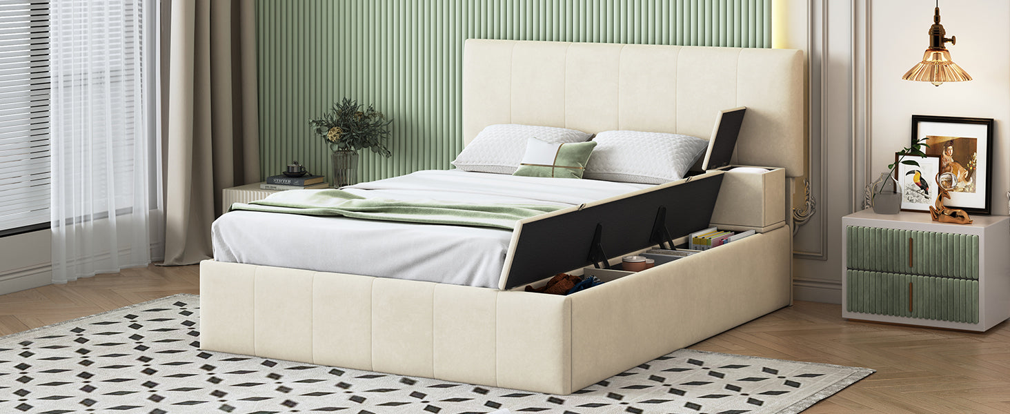 Full Size Upholstered Platform Bed with Lateral Storage Compartments and Thick Fabric, Velvet, Beige - Atlantic Fine Furniture Melbourne FL