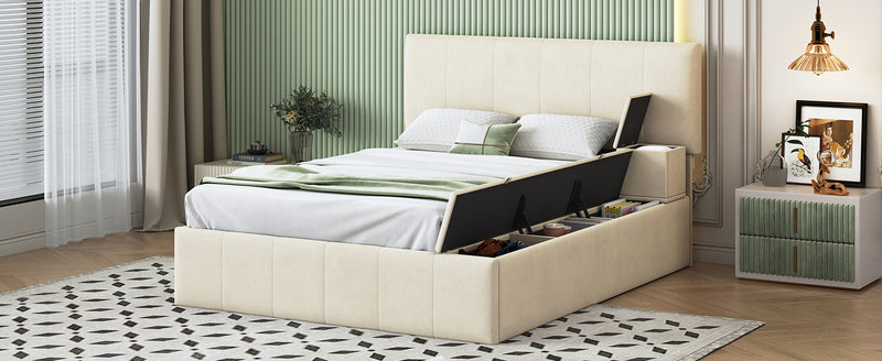Full Size Upholstered Platform Bed with Lateral Storage Compartments and Thick Fabric, Velvet, Beige