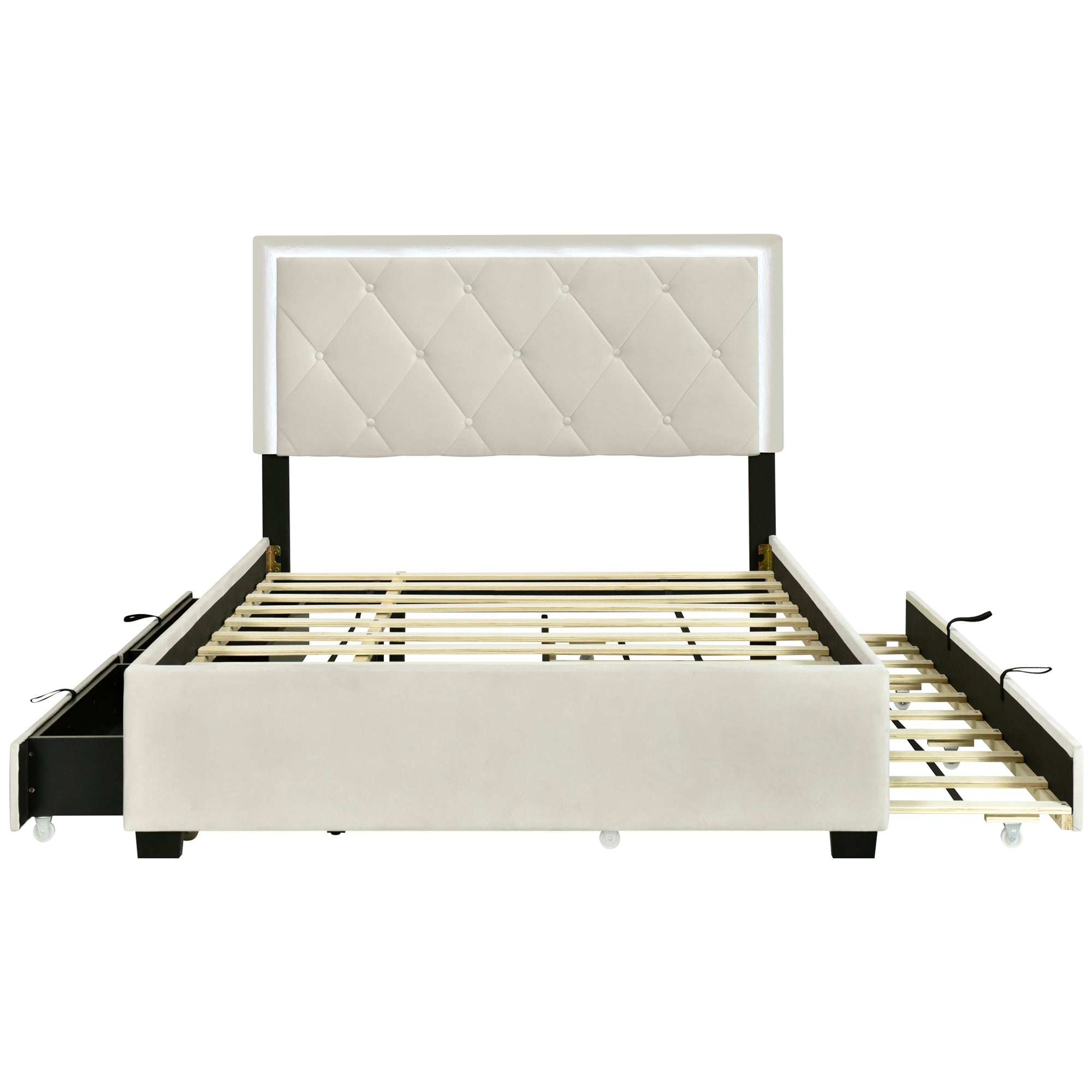 Full Size Velvet Storage Platform Bed, with 2 Big Drawers, T Size Trundle and LED Light, Beige - Atlantic Fine Furniture Melbourne FL