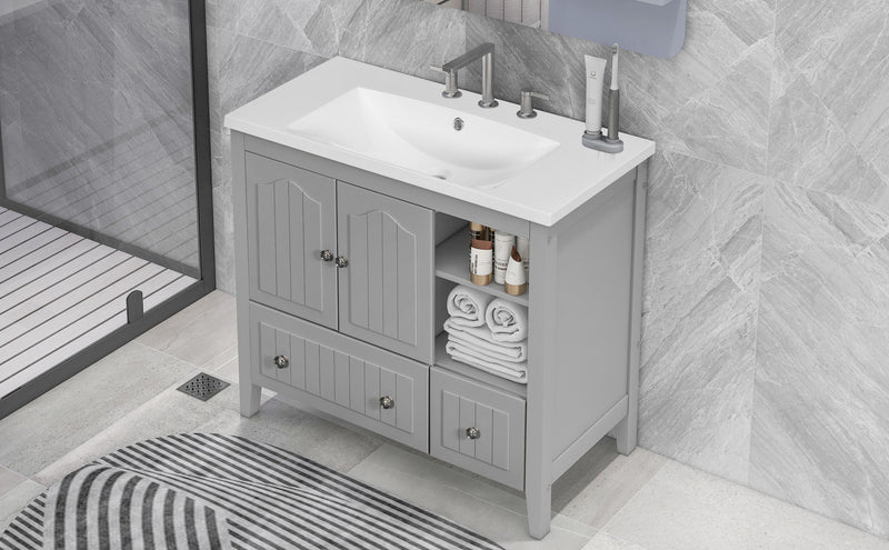 Bathroom Vanity With Ceramic Basin, Bathroom Storage Cabinet With Two Doors And Drawers, Solid Frame, Metal Handles