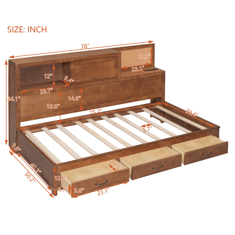 Twin Size Wooden Daybed with 3 Storage Drawers, Upper Soft Board, shelf, and a set of Sockets and USB Ports, Brown