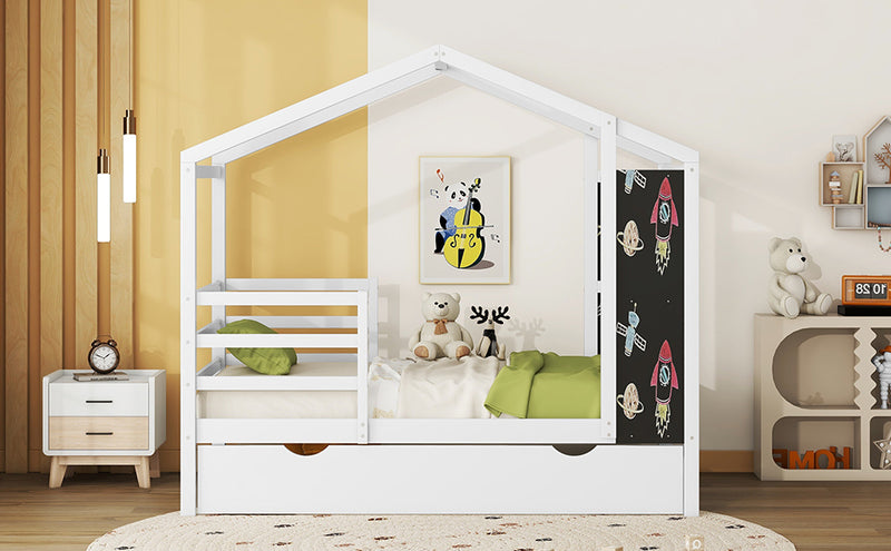 Twin Size Wood House Bed with Fence and Writing Board, White