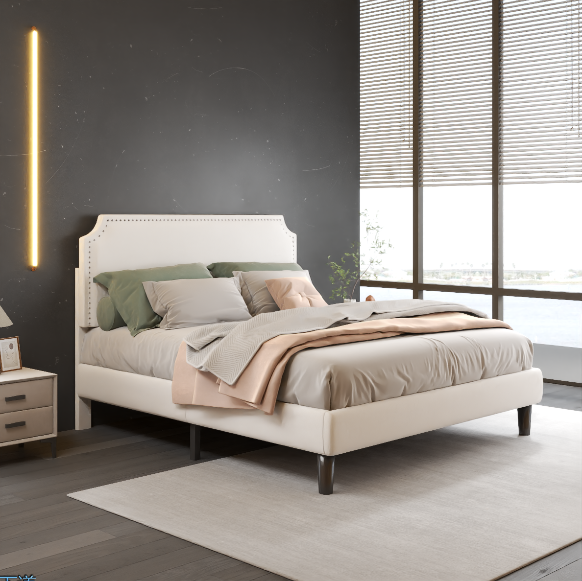 Queen Size Platform Bed with Upholstered Headboard and Slat Support, Heavy Duty Mattress Foundation, No Box Spring Required, Easy to Assemble,Beige - Atlantic Fine Furniture Melbourne FL