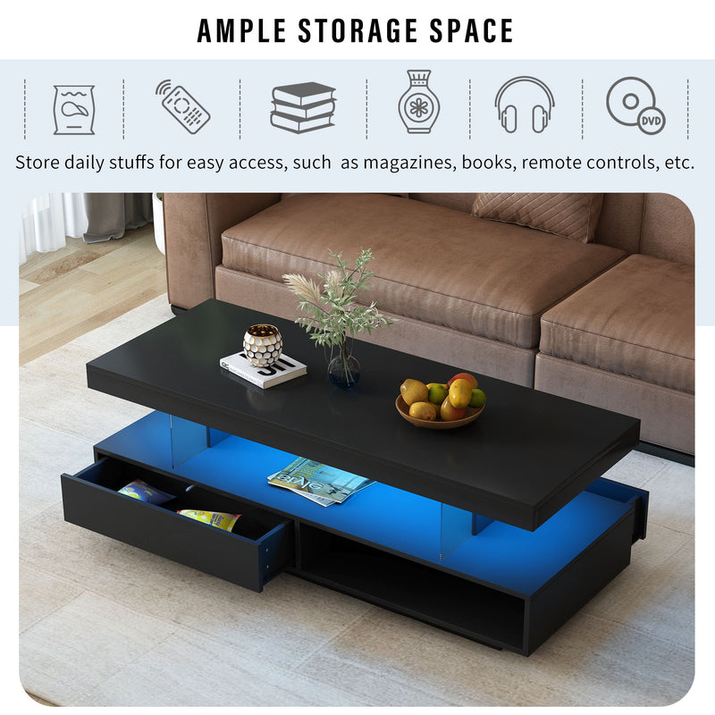 LED Coffee Table With 2 Drawers And Display Shelves